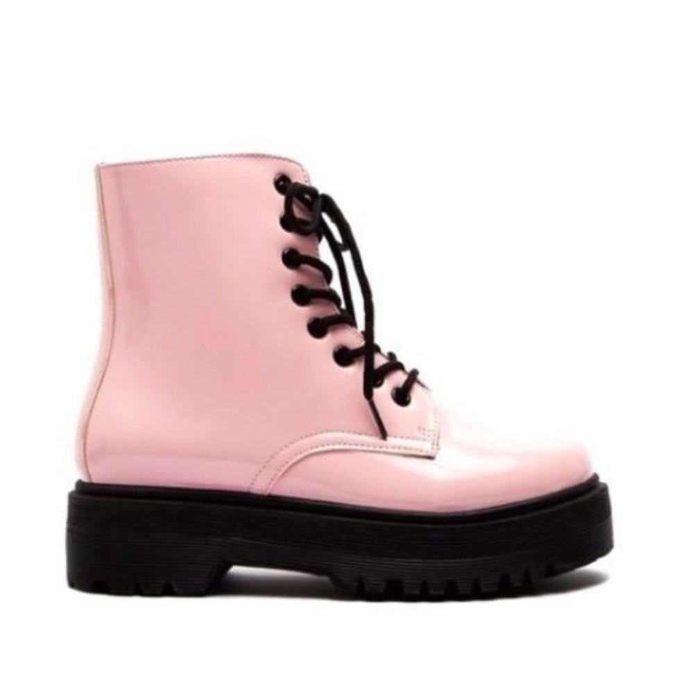 !! NEW !! Baby Pink Patent Lace Up Combat Boots
